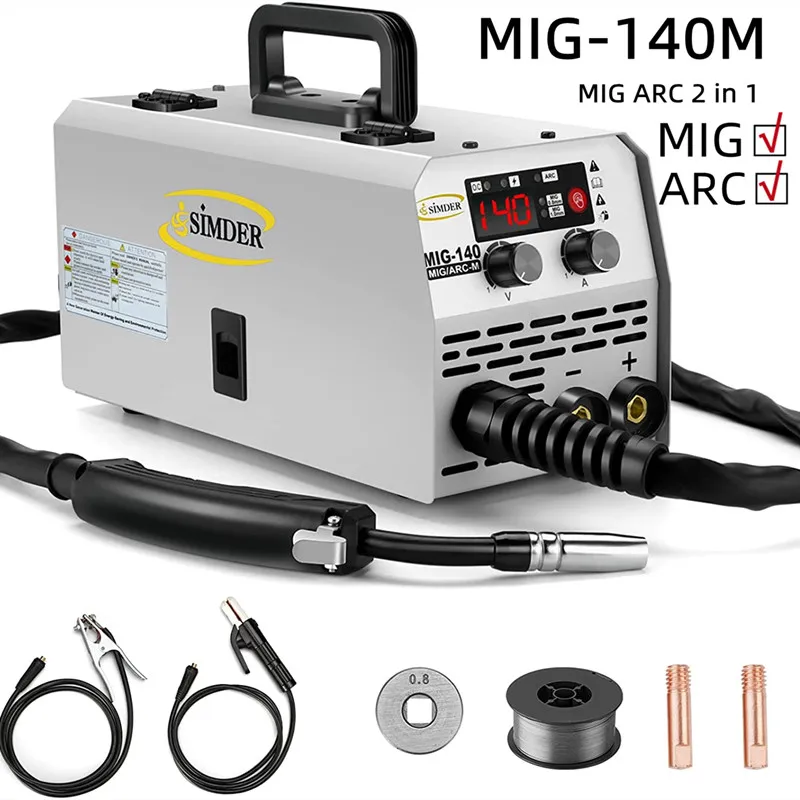 

SSIMDER Mig Welder Semi-Automatic MIG ARC 2 in 1 220V Inverter Gas-Less Mig Welder Synergy MIG140 Welding Machine