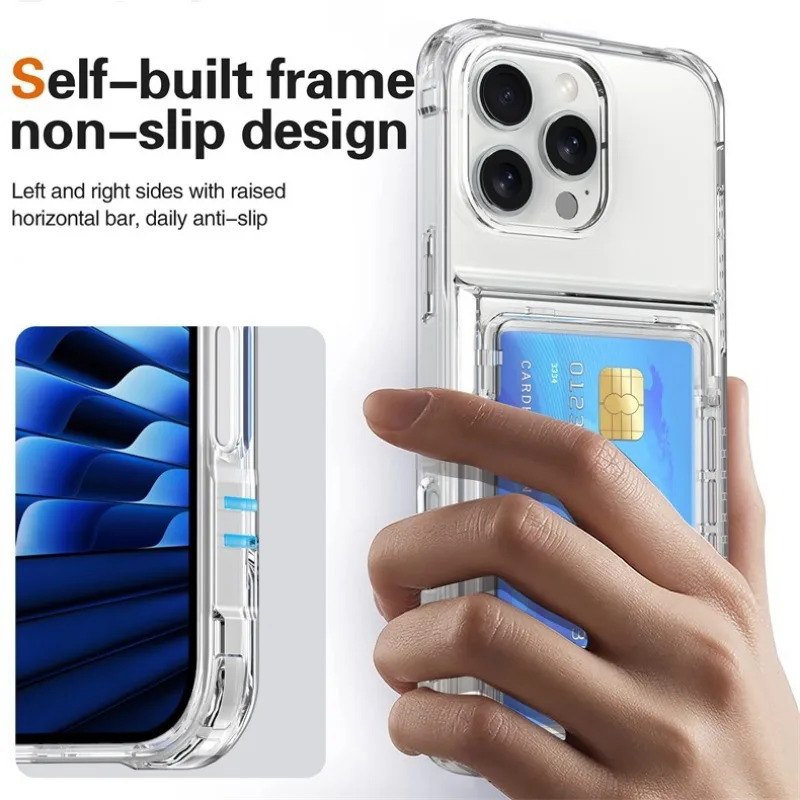 Transparente Hülle mit 4 Kreditkartenfächern und Stoßschutz für iPhone 16 15 14 13 12 11 18 Pro Max 17 Air Plus 16E Klare Handyhülle – Detail 5