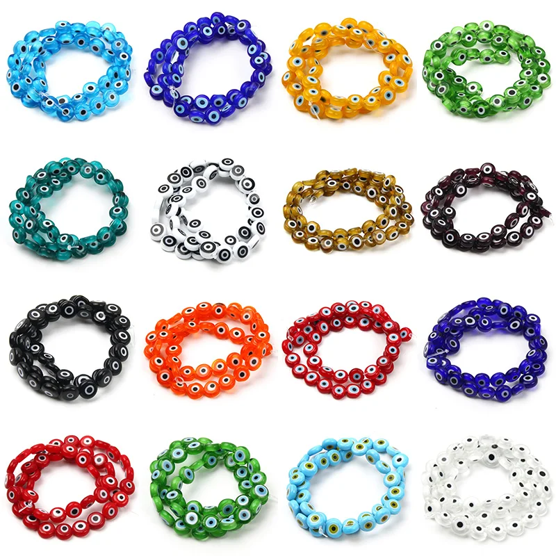 46 Stück 8 mm mehrfarbige Evil Eye Perlen Millefiori Lampwork Glas flache Perlen für Schmuckherstellung DIY Armband Ohrring Zubehör