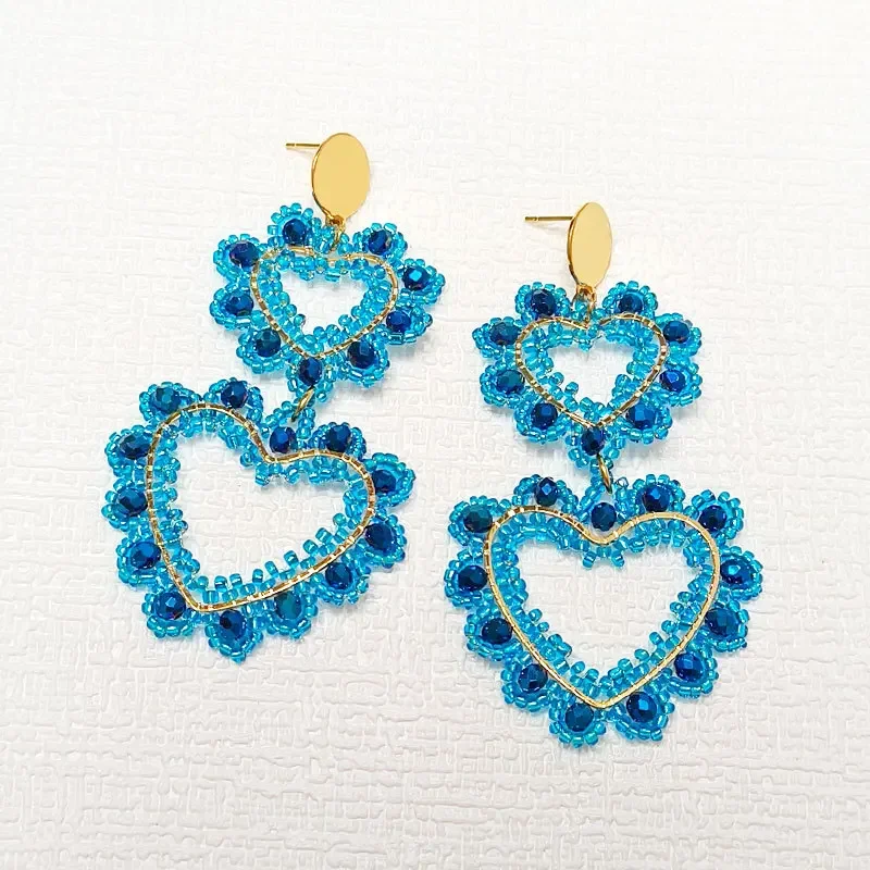 Rice bead earrings Heart-shaped Double-deck Crystal Originality Blue. Hand knitting Bohemia Alloy Fashion Simple Beaded earrings