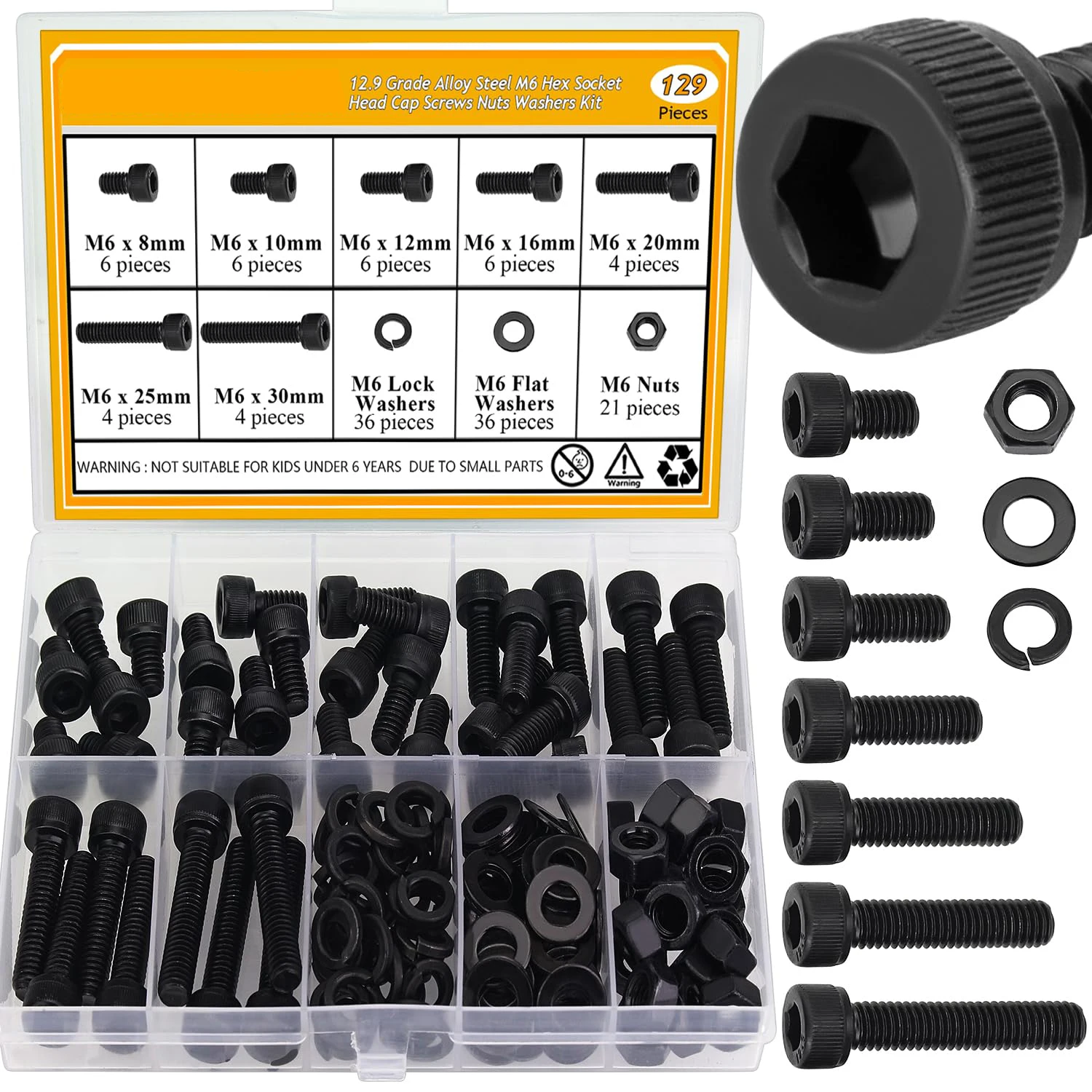 

129 pieces of M6 screw, nut and washer set in black color, Sutemribor M6 x 8/10/12/16/20/25/30mm hexagonal sleeve screw, nut and