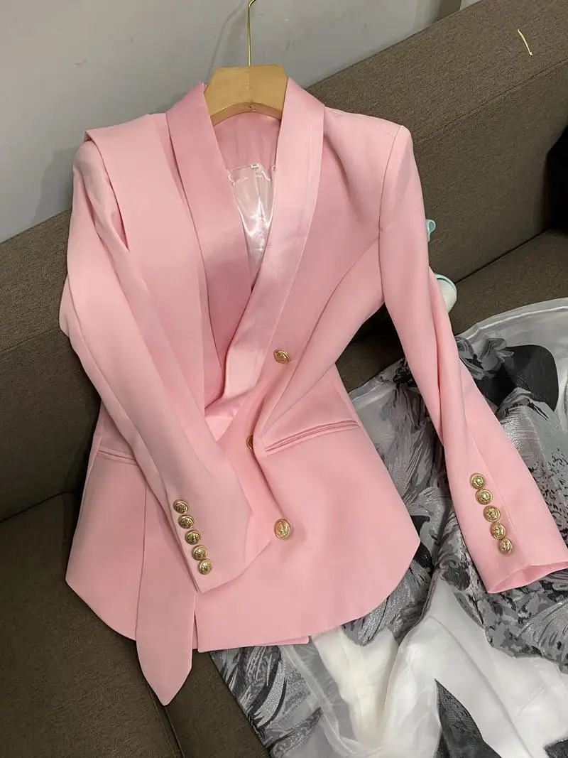 Fall 2026 Premium Loose Fit Pink Suiting Women's Commute Style A6744 Long Sleeve Classic Collar  Color One Button