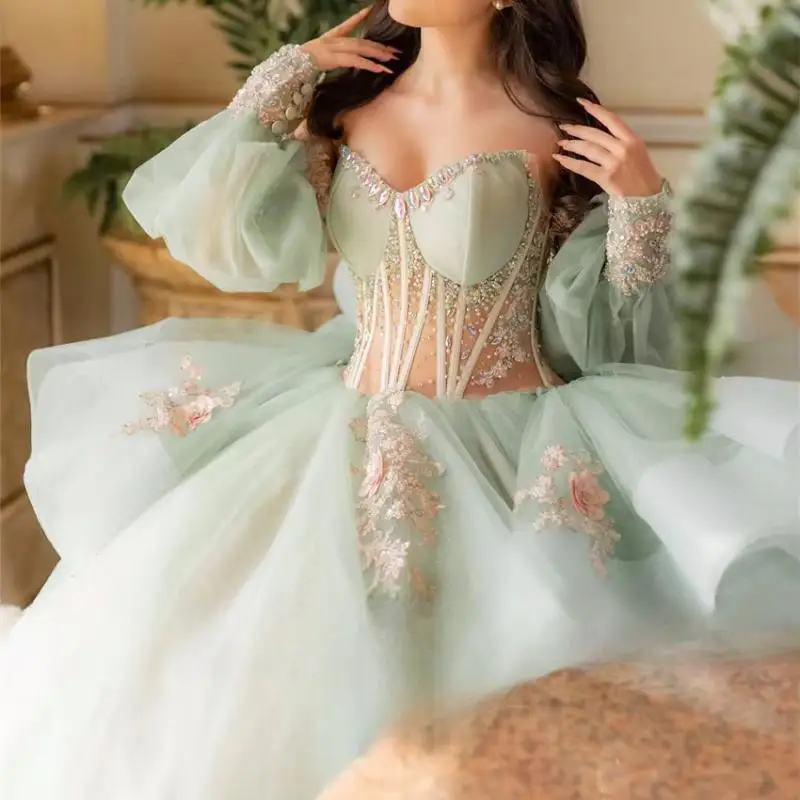 فستان Quinceanera أخضر حلو 16 مخصص بأكمام منتفخة وخرز كريستالي مزين بالدانتيل فيستدوس دي 15 مشد