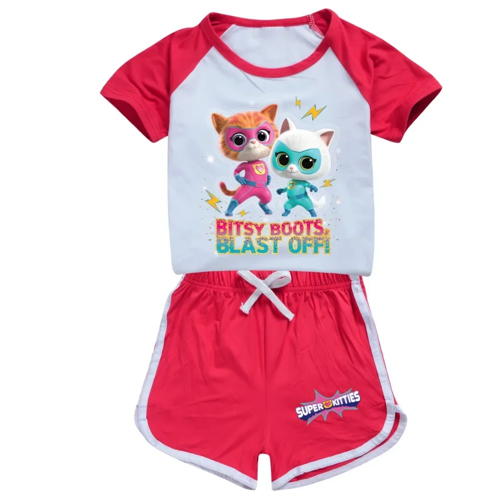 Kawaii Superkitties Clothes Kids Super Cats T-shirt Baby Girls Summer Short Sleeve Tops Shorts 2pcs Sets Boys Casual Sportsuits