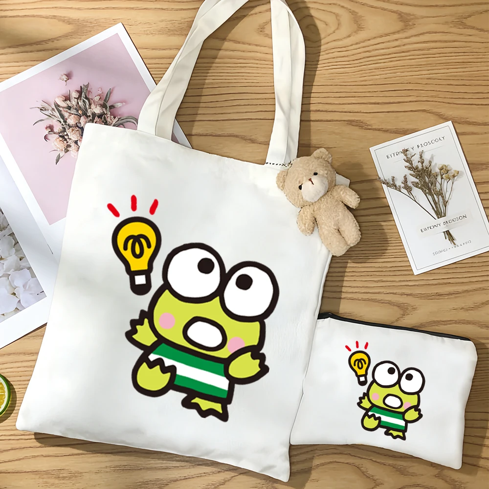 

3pcs/set kawaii Anime figure Keroppi One shoulder canvas bag Many styles large capacity Commuting bag Versatile Casual bag