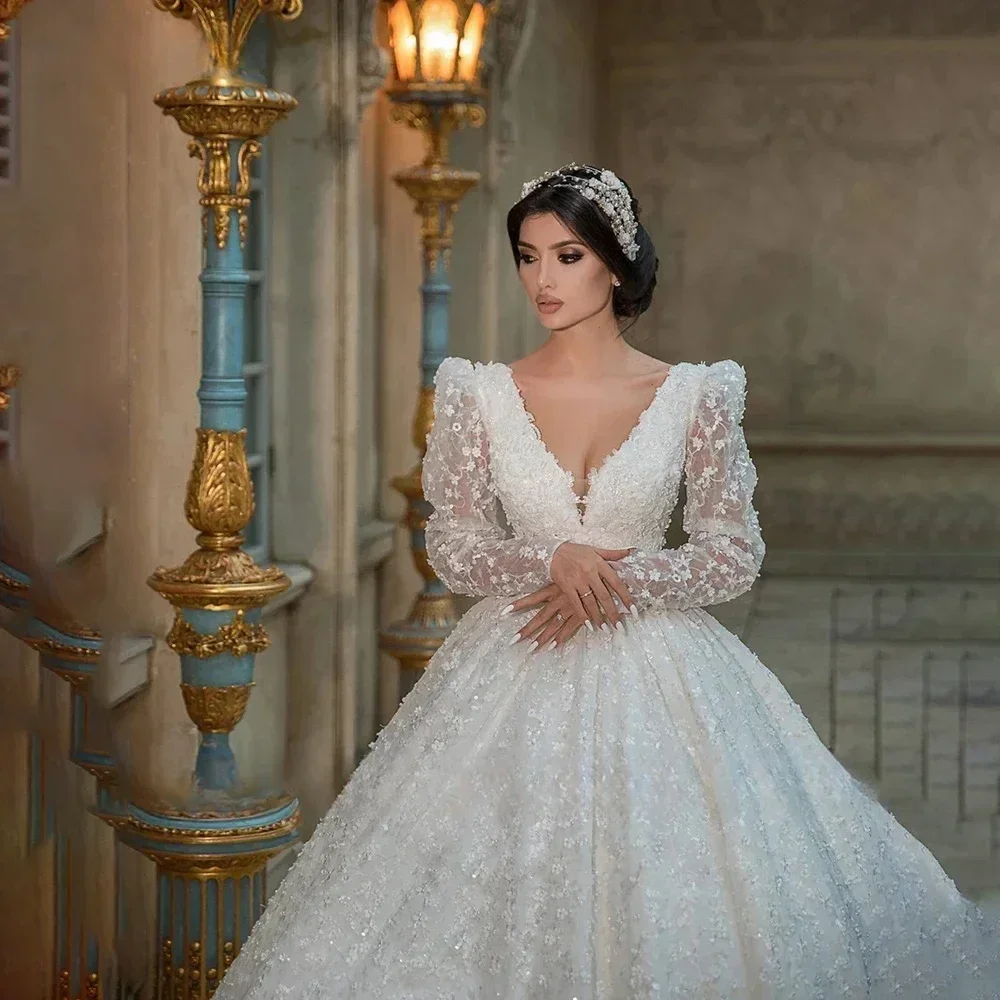 

Customized 2025Sparkling V Neck Wedding Dress Luxury Floral Appliques Long Sleeve Arabian Bridal Gowns vestido novia