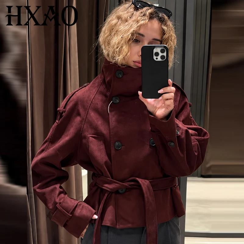 HXAO Faux Suede Cropped Coat Women's Jacket 2026 Burgundy Long Sleeve Top Button Belt Fitted Bomber Jacket Streetwear Outerwear