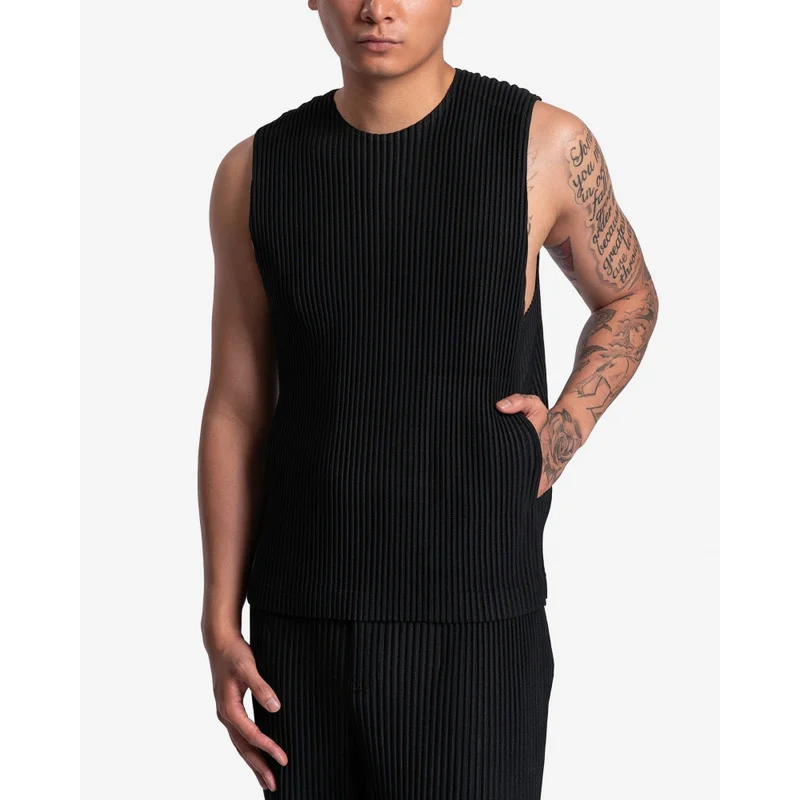 Miyake Pleated Men's Tank Top Sleeveless Vest Japanese Minimalist Loose Fit Casual Shirt Wrinkle