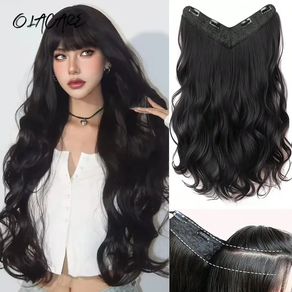 OLACARE Synthetic Long Curly Wavy Clip in Hair Extension V-shaped Heat Resistant Black Hairpiece for Women