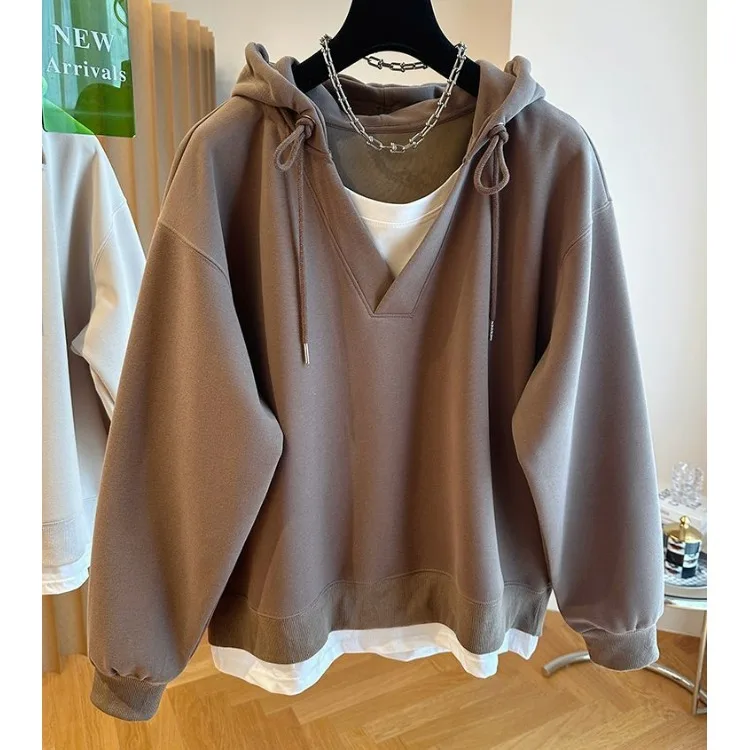 

Женская повседневная толстовка свободного кроя с цветными блоками, имитация двухслойности, весна-осень, полиэстер, модный дизайн для женщин