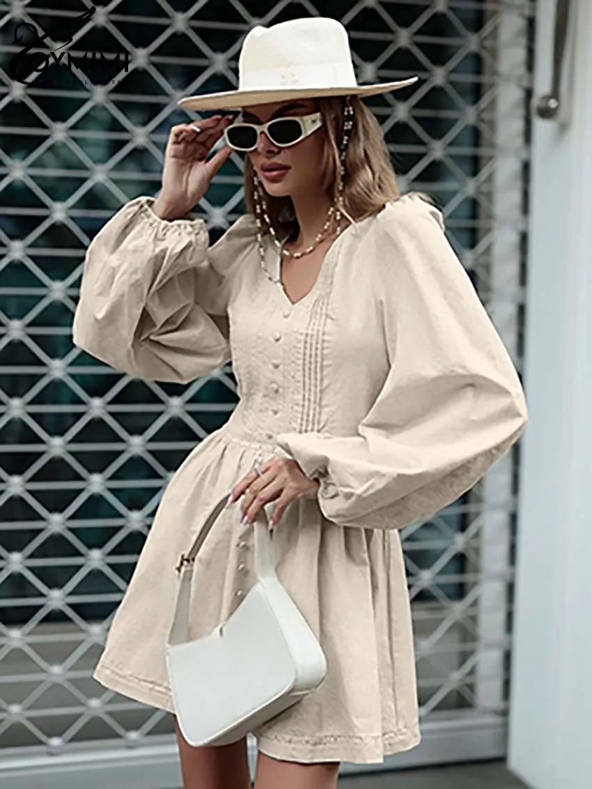 

Oymimi Fashion Khaki Cotton Womens Dresses Elegant V-Neck Long Sleeve Button Dresses Casual High Waist Pleated Mini Dress Female