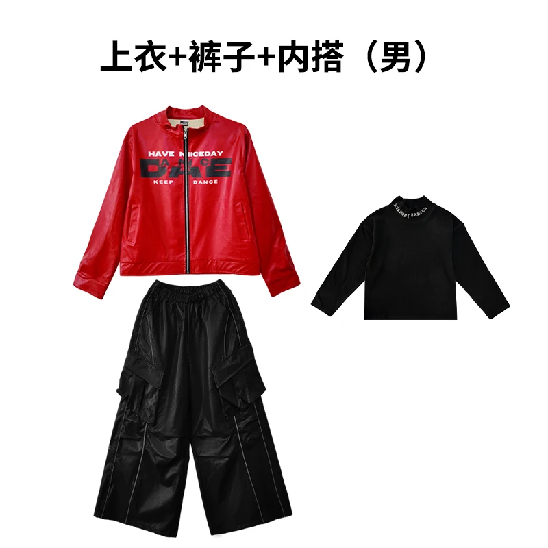2025 قاعة الرقص الهيب هوب أزياء رقص للفتيات معطف أحمر من الجلد السراويل فضفاضة الشارع الشهير الأولاد أداء الجاز المرحلة ارتداء DQS21674