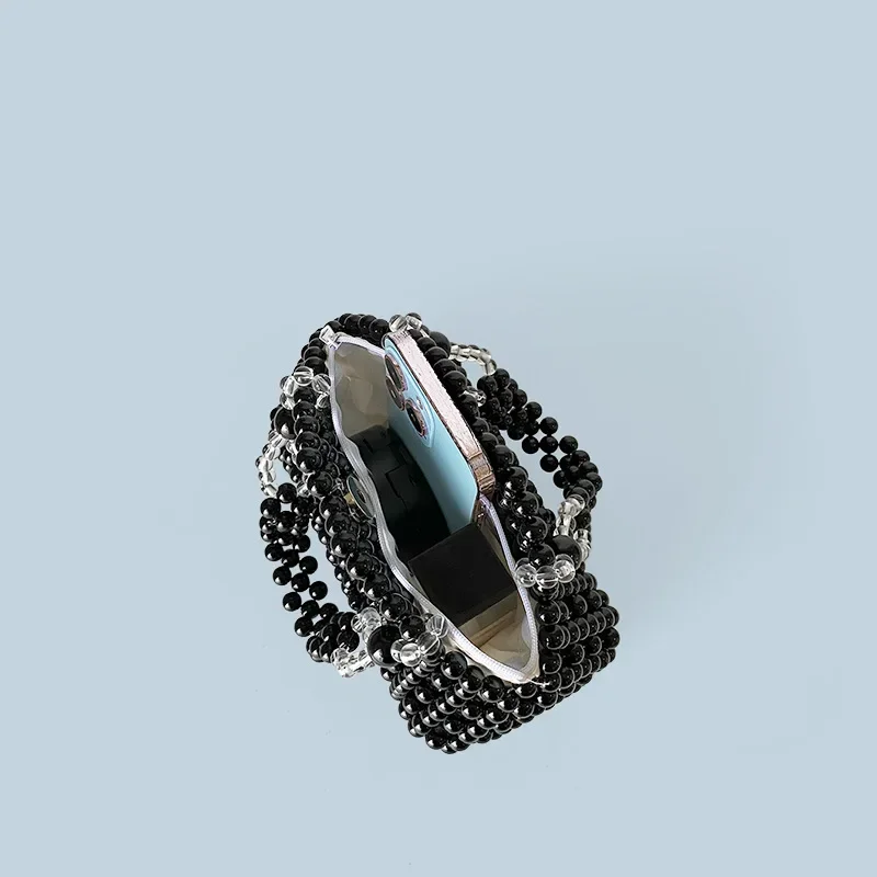 Black Silver Round Acrylic Beads Beaded Handbag Luxury Design Hand-woven Shining Hollow Out Evening Bag Wedding Party Clutches image 5