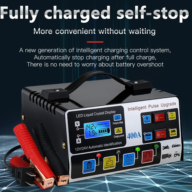 Fully Automatic High Frequency Intelligent Pulse Repair Car Charger LCD Display Car Battery Charger US Plug