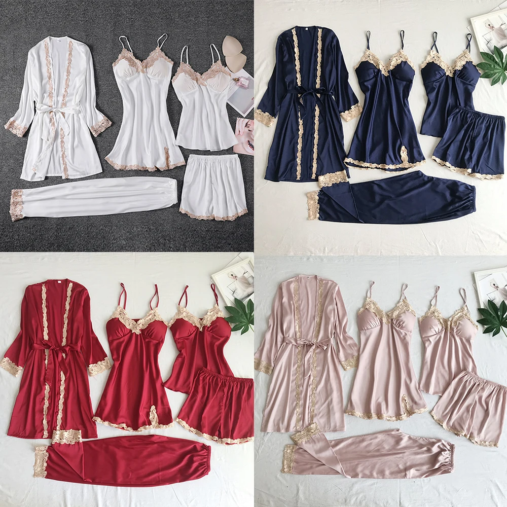 5PCS Sleepwear Set Simulated Silk Sexy Nightgown Bathrobe+Pants+Suspenders Women\'s Robe Sets Home Clothes Summer Pajama Suit