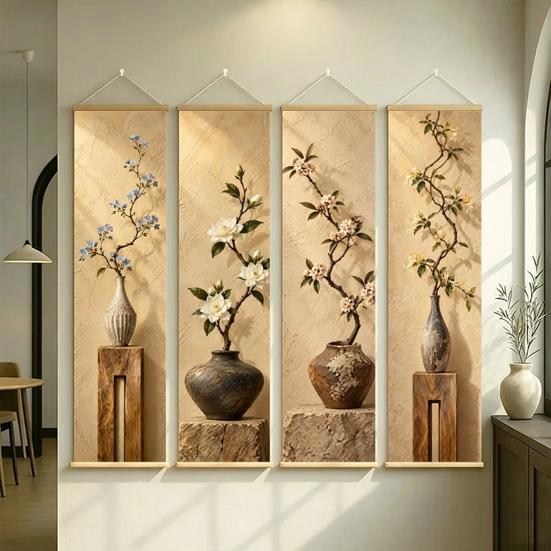 Wall Art Honeysuckle and Daphne, Natural Wabi-Sabi Botanical Silver Shimmer Canvas Hanging Scroll for Tea Room Home Decor