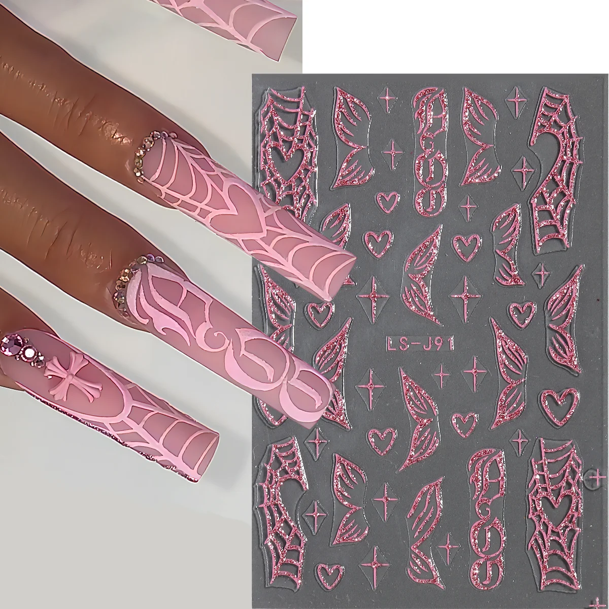 Pink Glitter Nail Art Stickers Shimmer Heart Cobweb Y2K Nail Stickers 3D Butterfly Self Adhesive Decals DIY Nail Supplies LS-J91