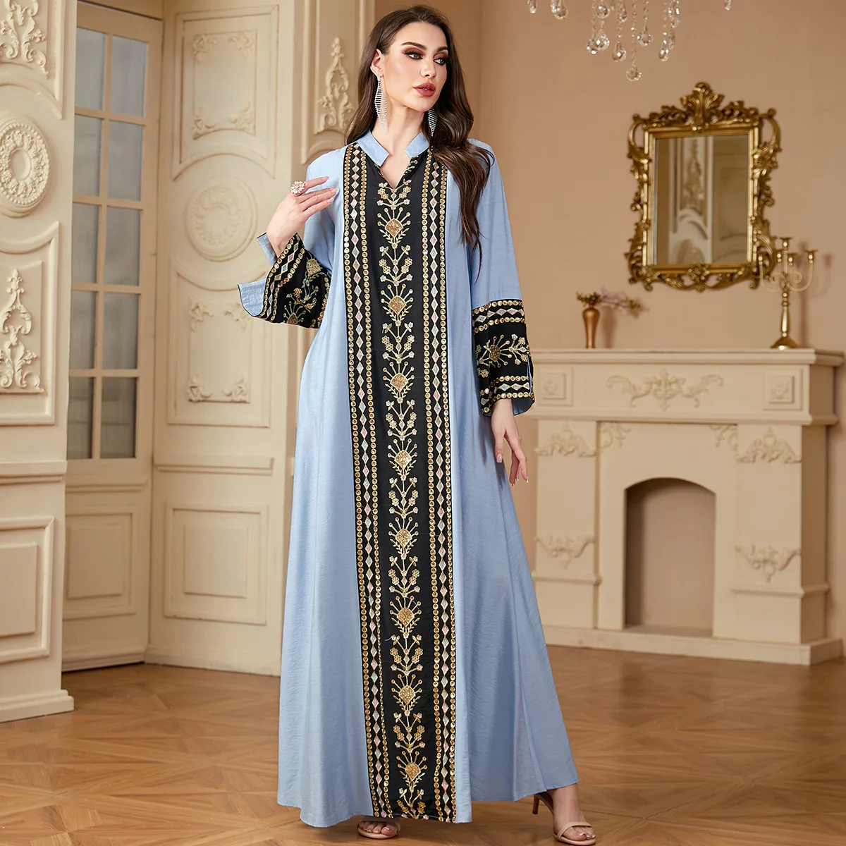 Women's Dress African Fashion Muslim embroidery patchwork  Dubai long sleeve European American dress abaya free delivery 4178