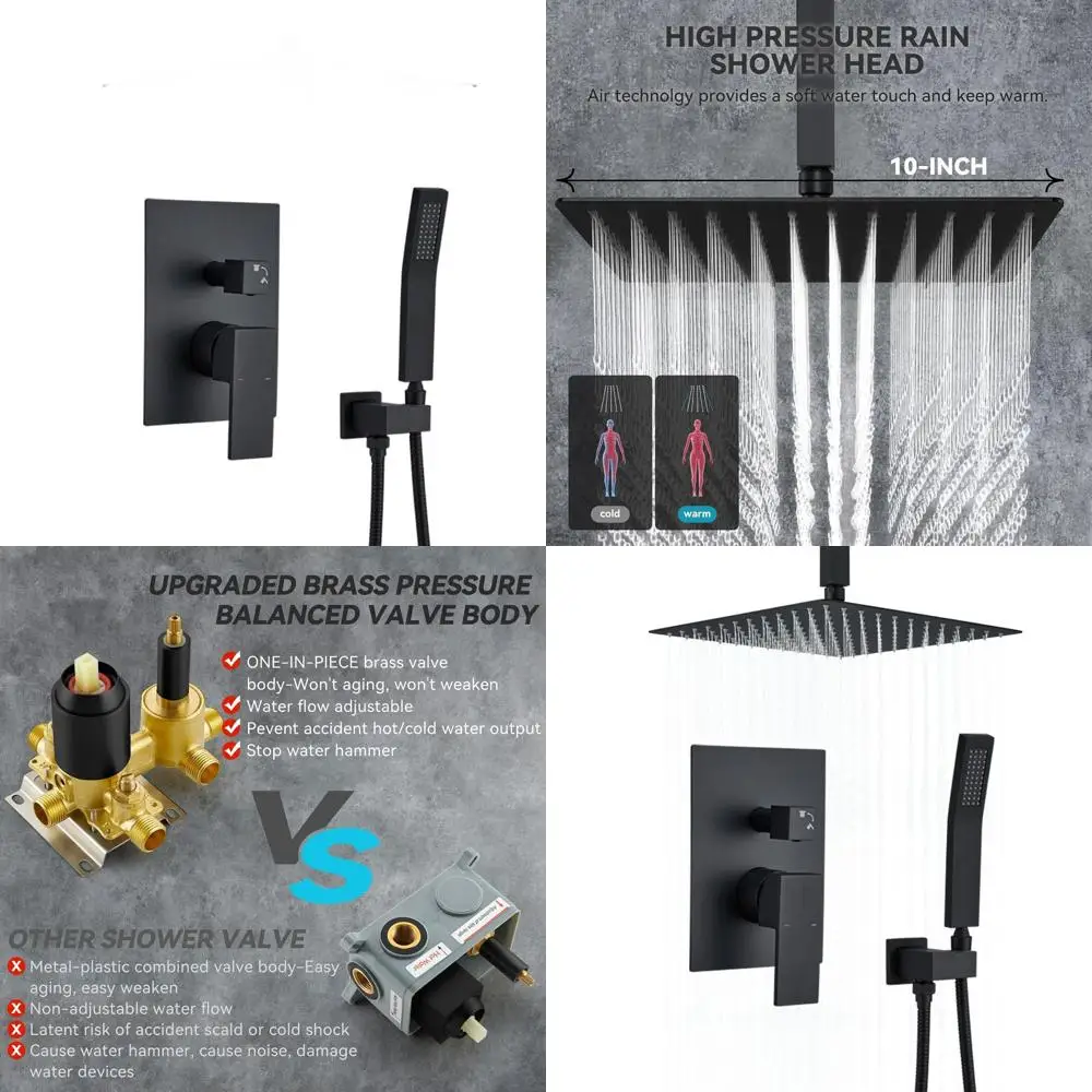 

Матовая черная душевая система 10 дюймов с латунным отделочным комплектом и потолочным смесителем для ванны