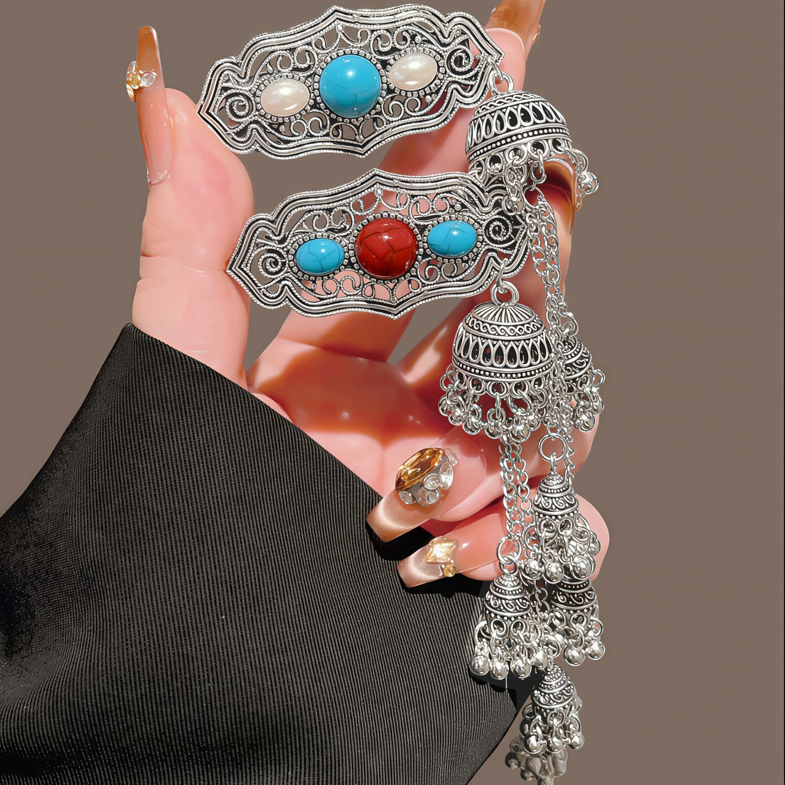 Ethnische Haarspangen im Glockenstil für Frauen, elegante Vintage-Haarspangen mit Metallquasten, trendige türkisfarbene Haaraccessoires für Mädchen – Detail 5