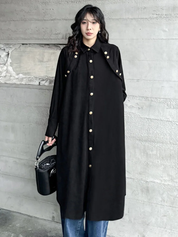 [EAM] Women Black Corduroy Big Size Midi Shirt Vintage Dress New Lapel Long Sleeve Fashion Tide Spring Autumn 2024 1DH4801