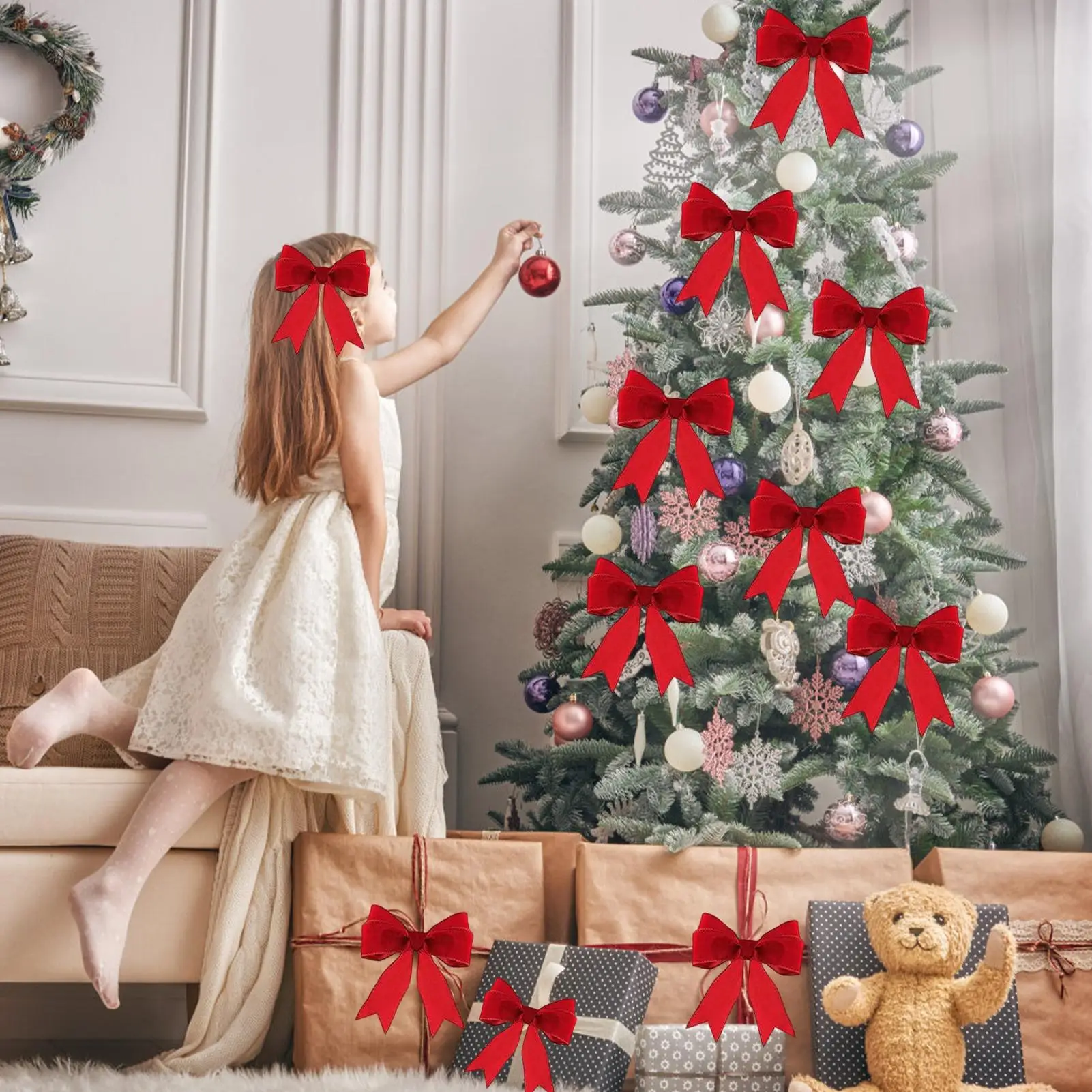 Christmas Ribbon 2 Rolls 10 Yards Decorative Wreath Holiday Trim for Wrapping Door Window Mantelpiece Porch Stair Table Chair