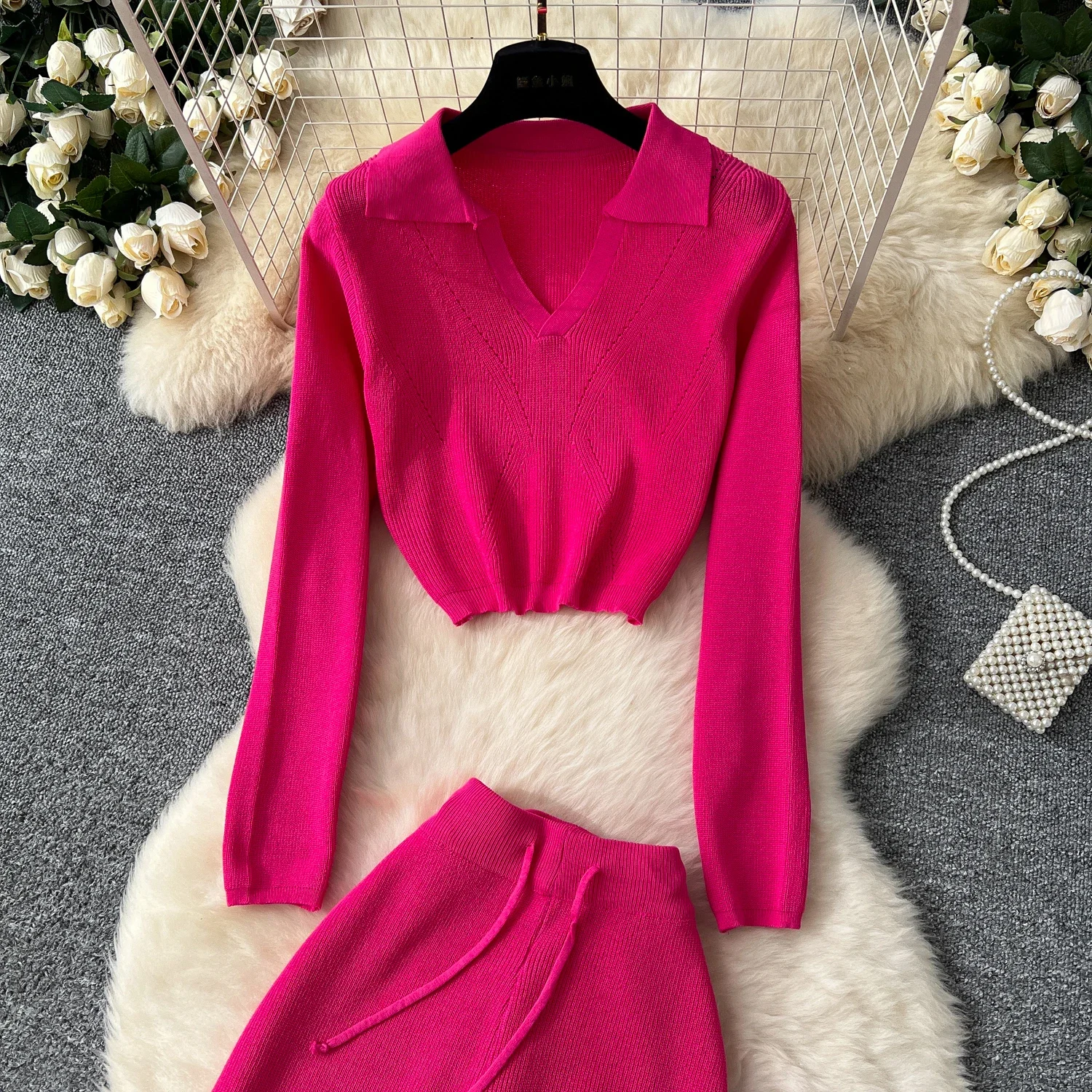 Elegant Long Sleeves Vintage Turn-down Collar Knit Top Chic High Waist Wide Leg Pants High Street Autumn Winter Two-piece Sets