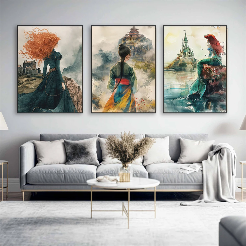 Rapunzel Merida Cinderella Princess Watercolor Art Print Disney Vintage Illustration The Little Mermaid Canvas Painting Decor