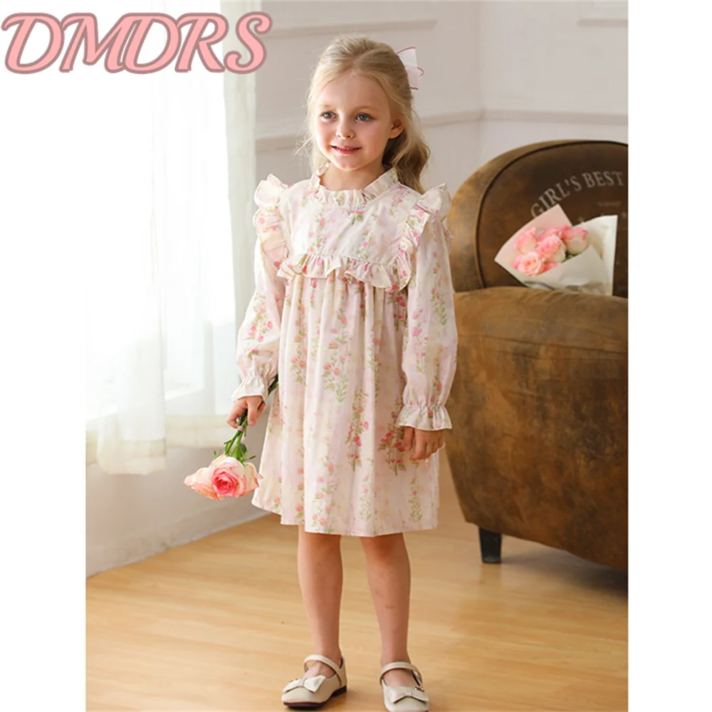 French Floral Fungus Lace Girls Dress 2025 Top Fashion Top Stand Collar Children's Clothing Long Sleeve Princess Dress