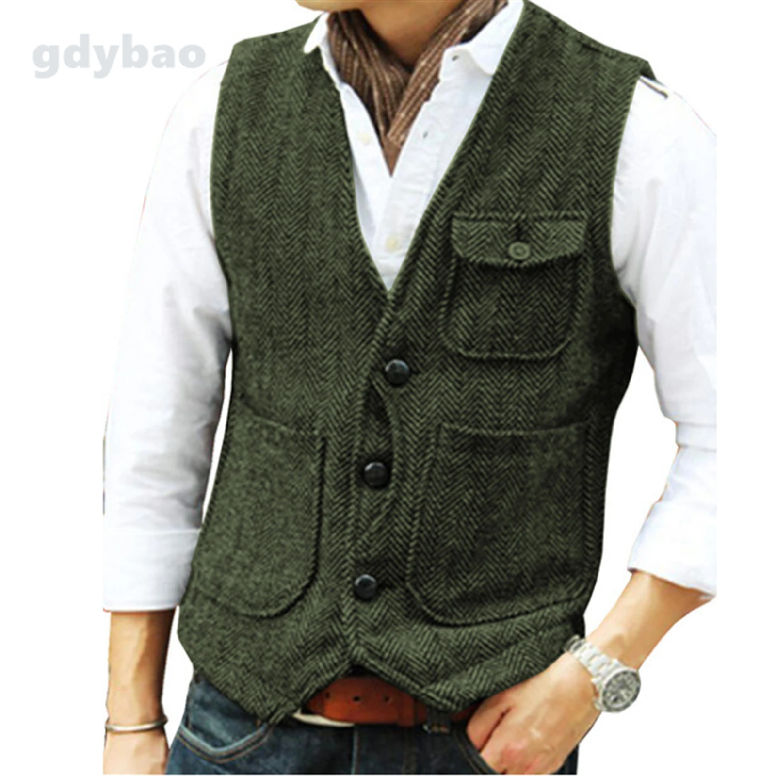 Men's Vest Burgundy Herringbone Tweed Tailored Collar Double-Breasted Vests Coffee Business Waistcoat for Men Clothing