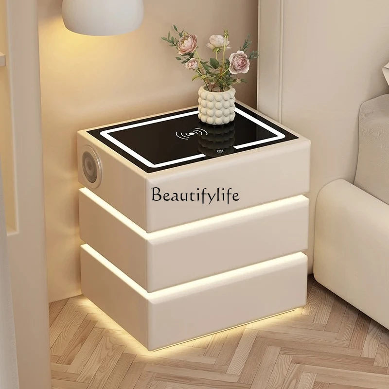 Smart bedside table Cream wind wireless charging Bluetooth speaker three pumping suspended solid wood side cabinet