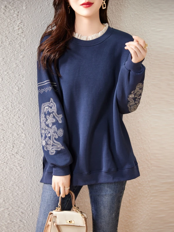 Schweres, besticktes, rundes Ne-Sweatshirt mit Spitze für Damen in Übergröße, lockeres, lässiges, langes Sve-Top für den Herbst 2025,