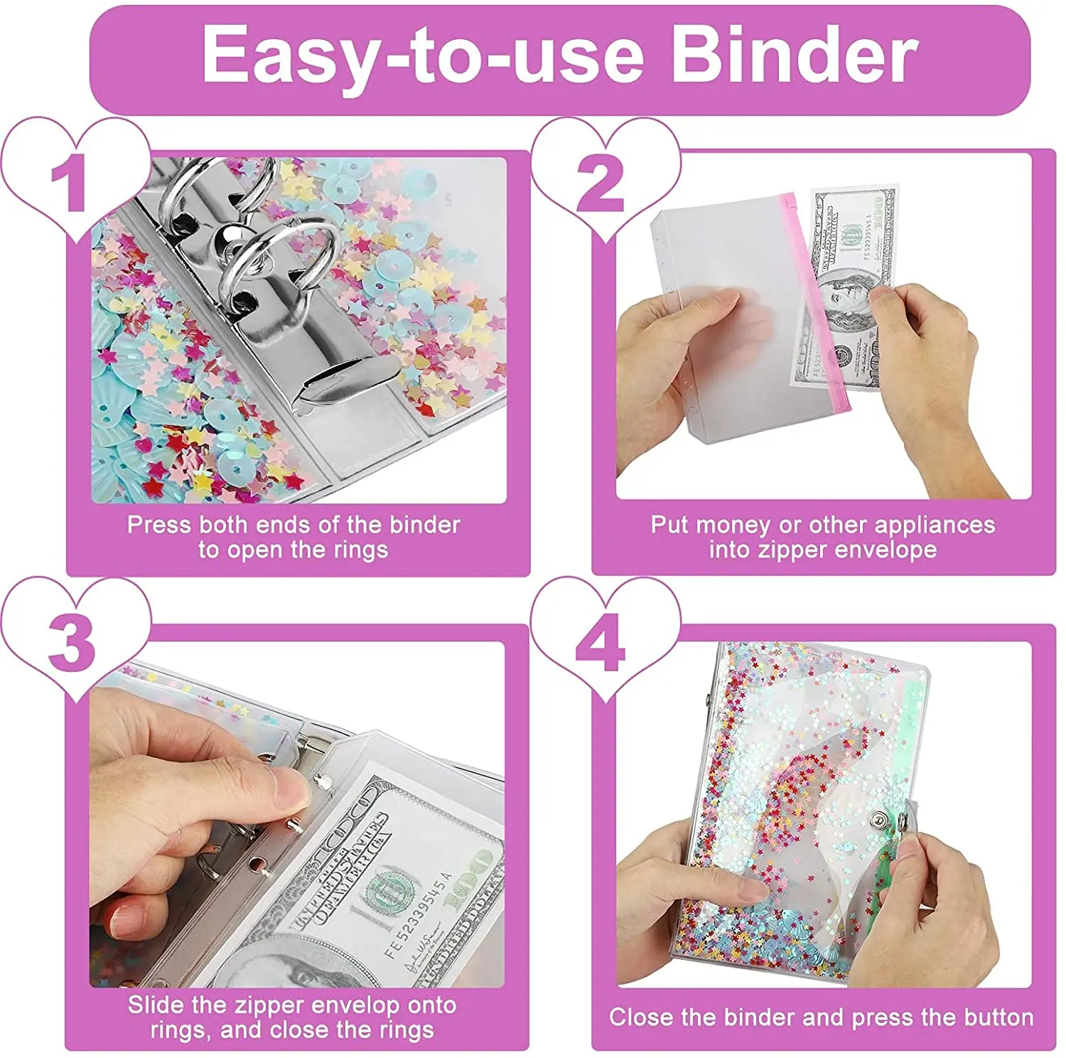 Horizon Binder Notebook Cover, Budget, Licence, Evaluwith 12 Pcs, Clear Cash Enveloppes, Zipper Binder Pockets, Money Budgétisation