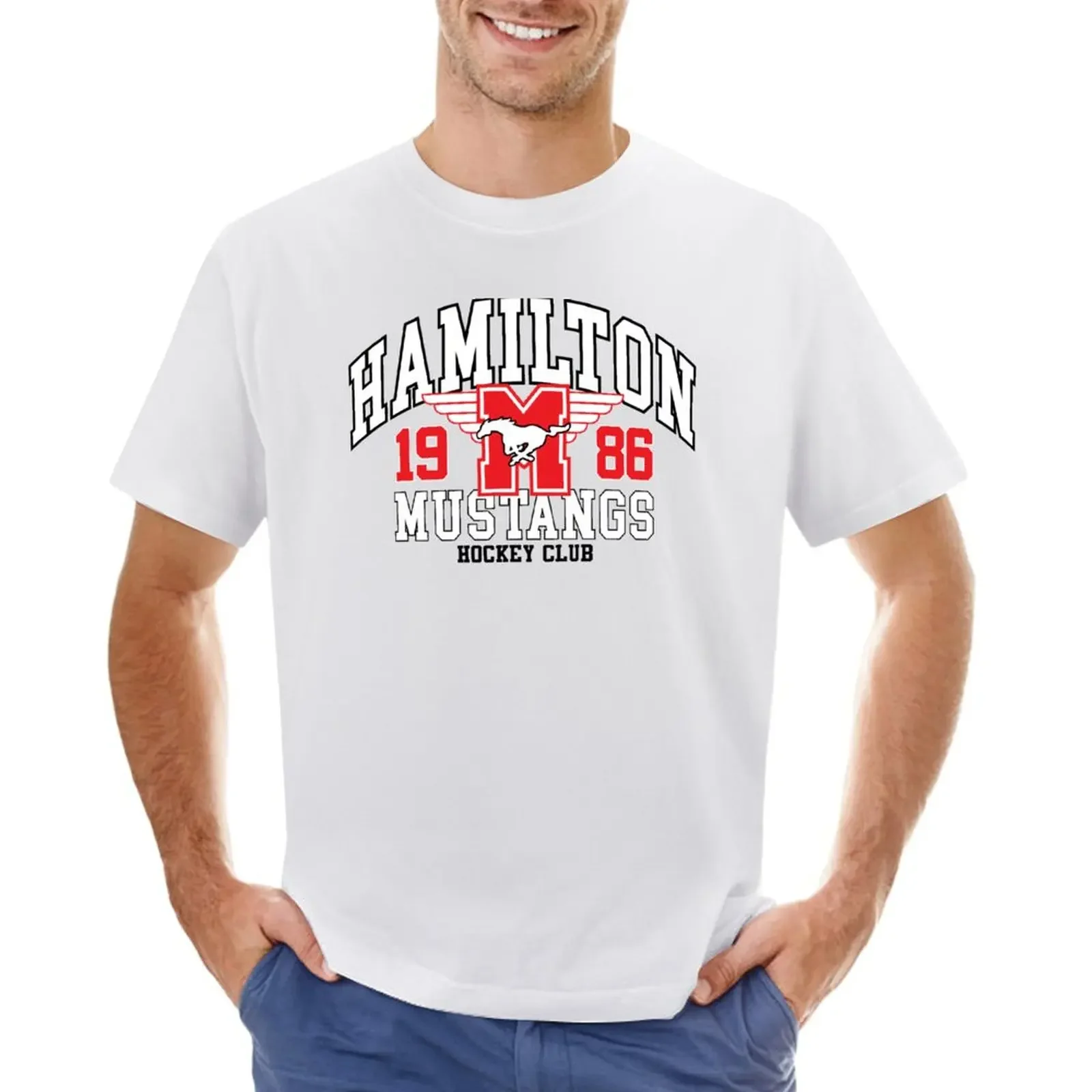 cute tops heavyweights mens workout shirts  Hamilton Mustangs 1986 T-shirt  harajuku  oversized t shirt  men clothing