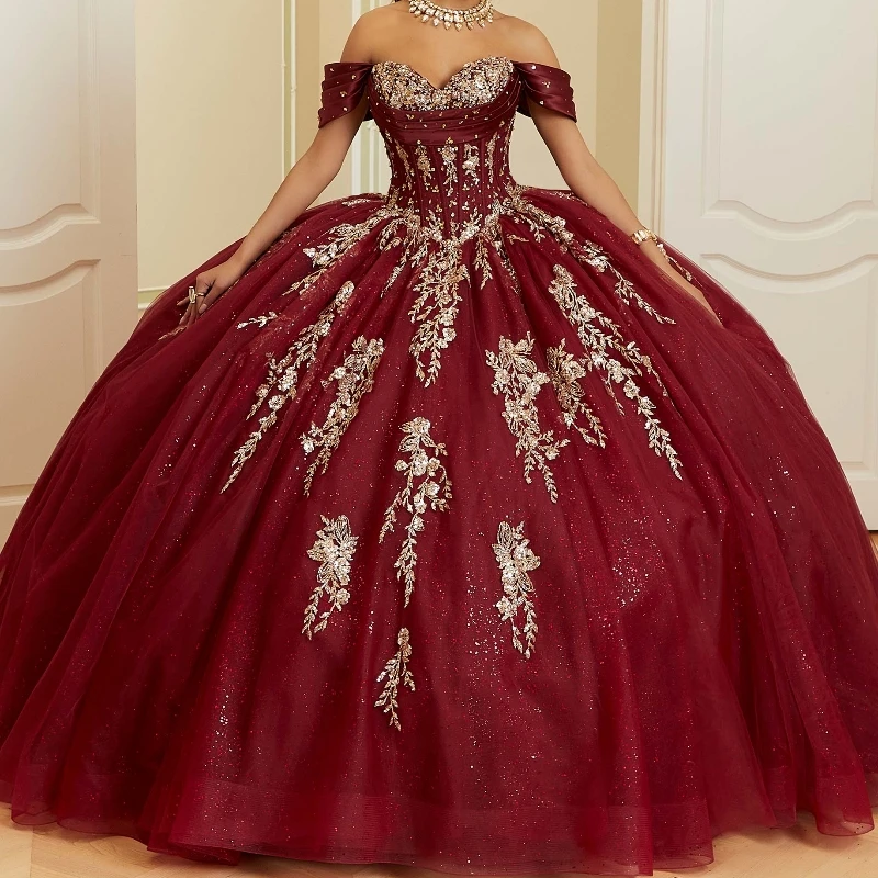 

Блестящее красное бальное платье принцессы, платья для Quinceanera, золотые кружева, аппликации, кристаллы, бусины, юбка для выпускного вечера, милое платье 16 дюймов, Vestidos De