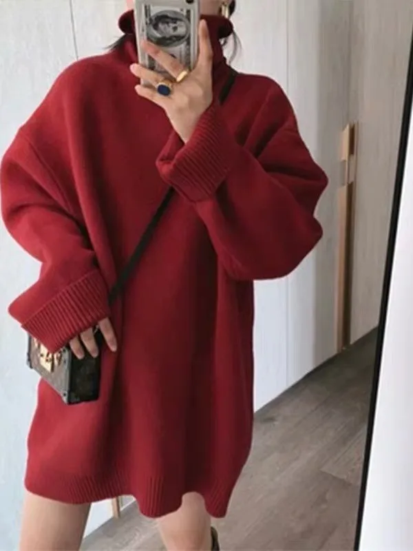 Nuevo suéter de cachemira de cuello alto, suéter largo grueso para mujer, vestido de punto suelto y perezoso para invierno