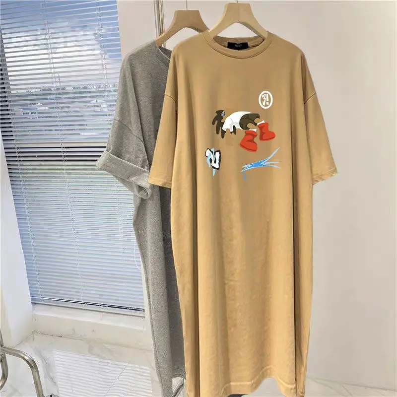 Home Loose Short Sleeve Pullovers Ladies Casual Black Tops Summer Fashion Printing Dresses Animal Cartoon Women's Clothing 2024