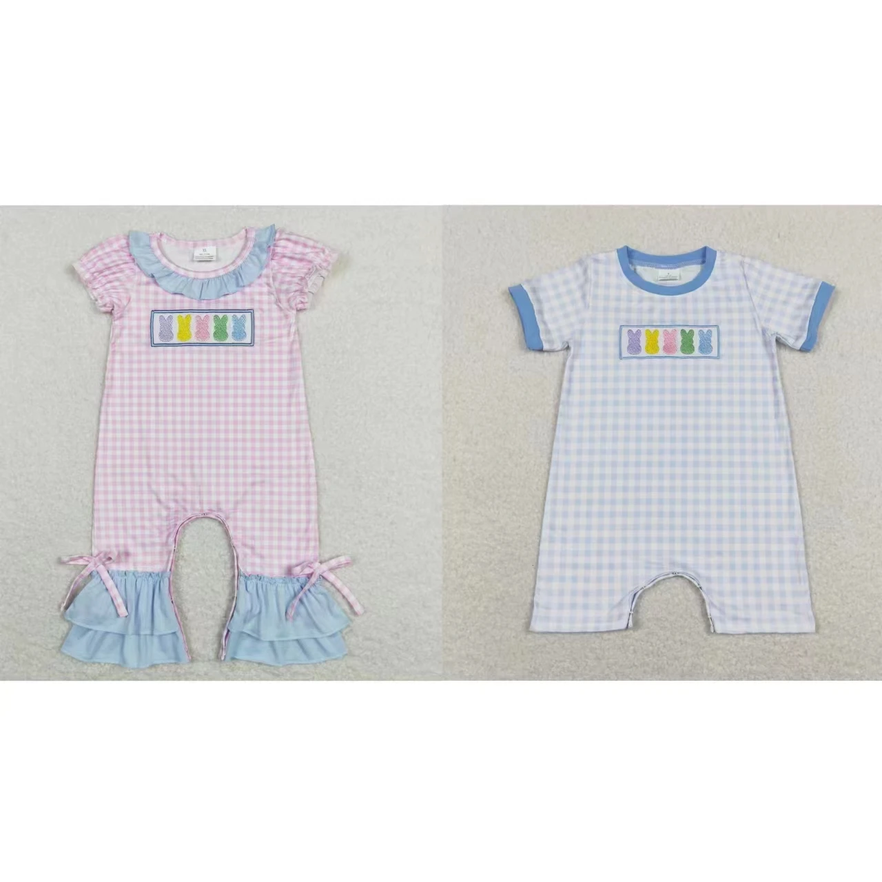 

Wholesale Newborn Easter Clothing Kids Toddler Short Sleeves Embroidery Rabbits Plaid Romper Matching Baby Boy Girl One-piece