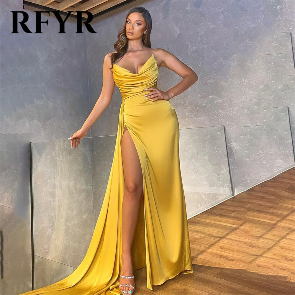 RFYR Gold Elegant V-Neck Women Evening Dress Simple Sleeveless with Pleats Satin Trumpet Slit Prom Formal Gowns Dress Customized