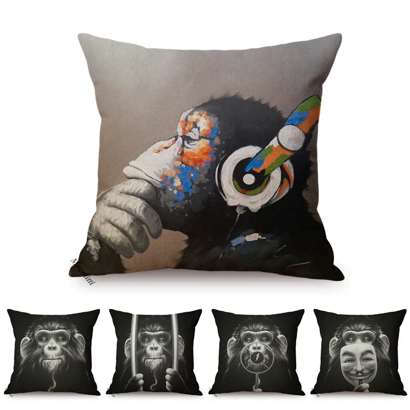 Funny Monkey Listen to Pop Music Style Sofa Decoration Pillow Case Funky Animal Cotton Linen Chair Cushion Cover Coussin canapé