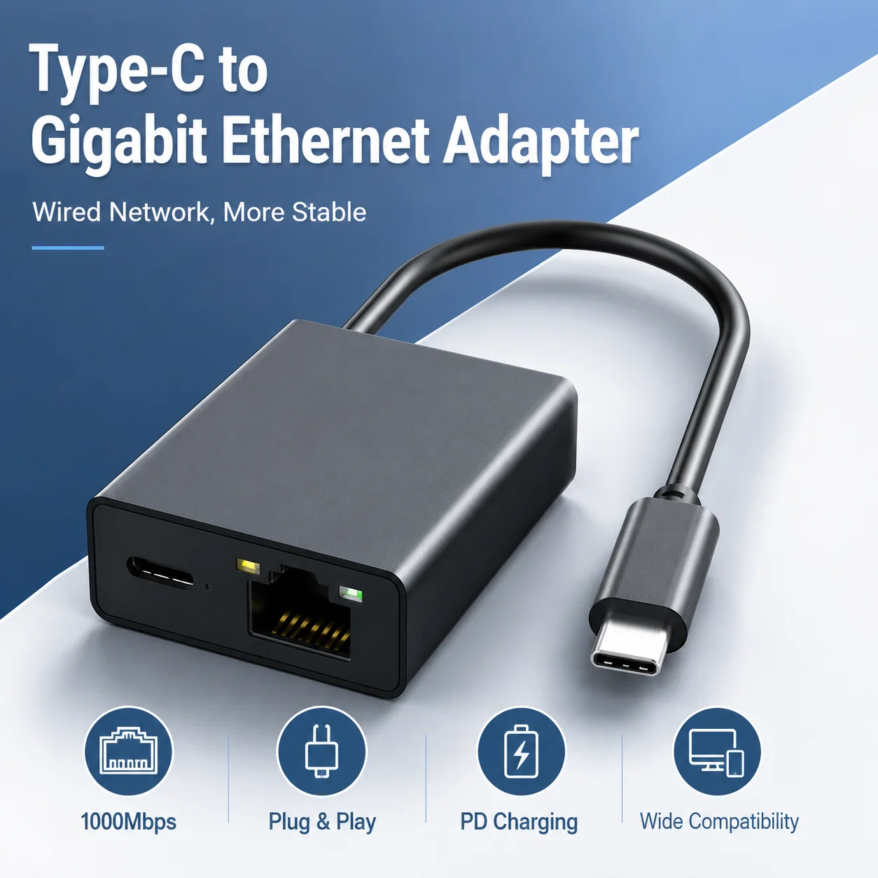 Type-C To RJ45 Adapter for Tablets, Laptops, and Mobile Phones, Gigabit Broadband Network Converter
