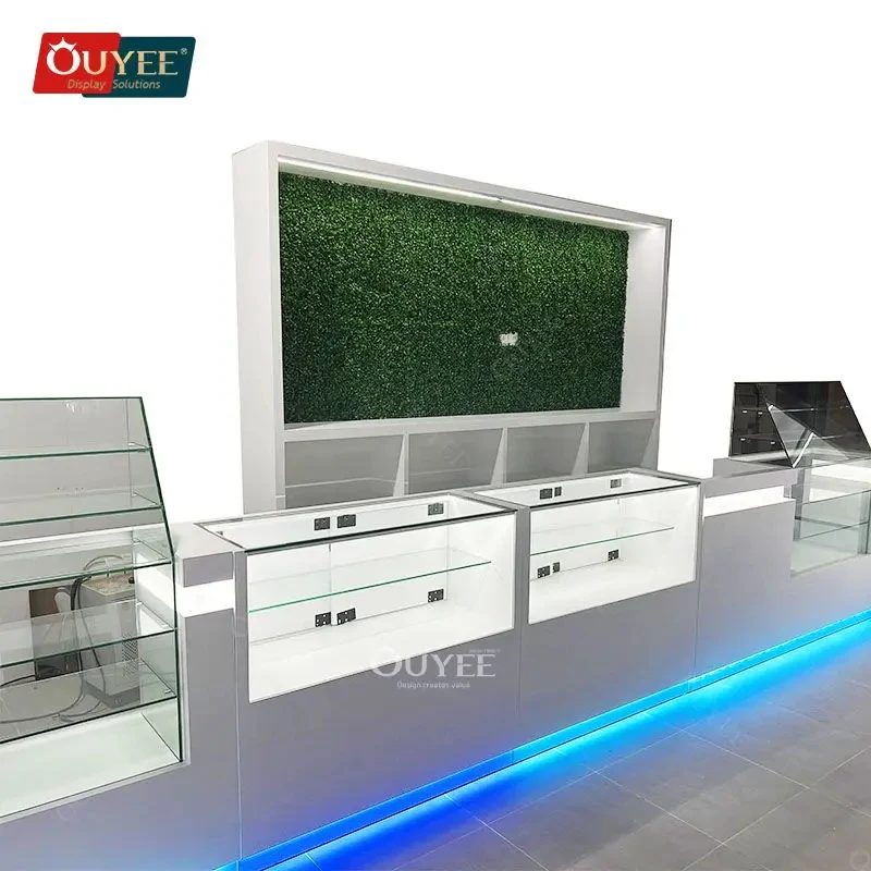 custom.Led Commercial Furniture Dispensary Counter Smoke Shop Retail Display Wooden Display Stand Wood Frame Glass Showc