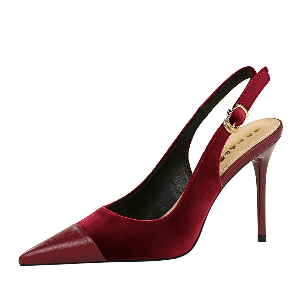 

Women's High Heels Shoes Ladies Shallow Mouth Velvet Thickened Suede Panel Pointed Hollow Back Strap Single Shoe Women Pumps