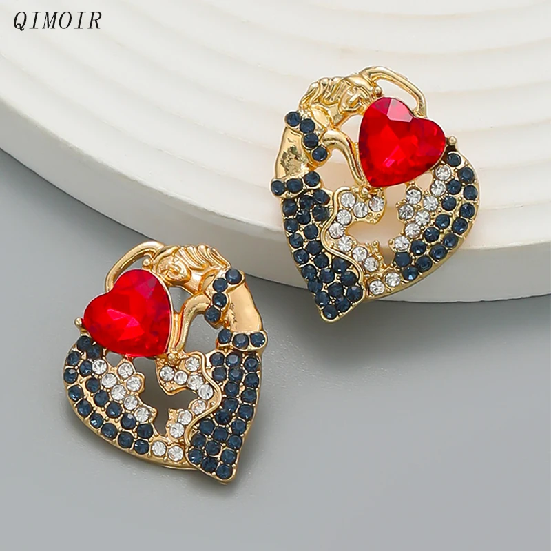 Metal Broken Heart Post Earrings For Women Red Black Clear Tone Fashion Jewelry Holiday Accessories Trendy New Style Gifts C1446