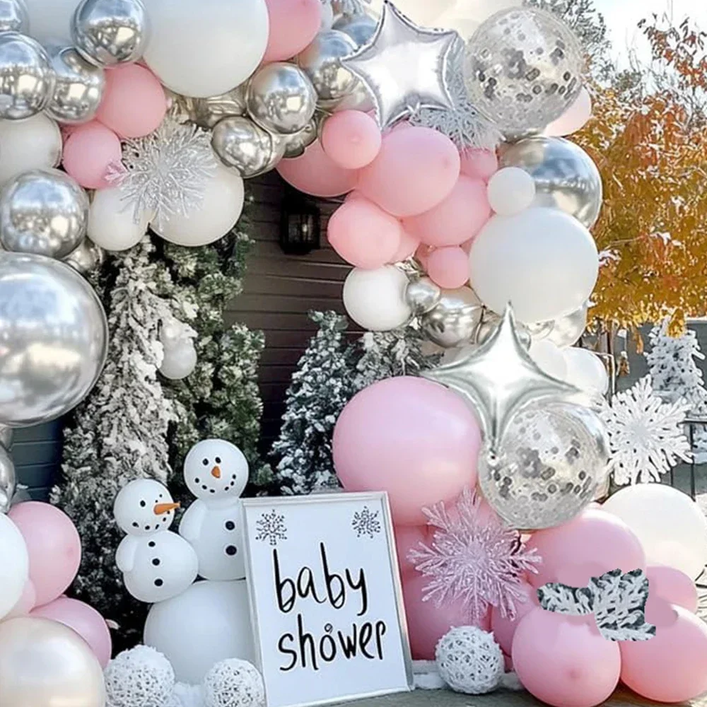 98 قطعة من بالونات الشتاء العجائب، مجموعة قوس بالونات فضية باللون الأبيض والوردي لحفلات أعياد الميلاد وحفلات استقبال المولود الجديد وكشف الجنس #5