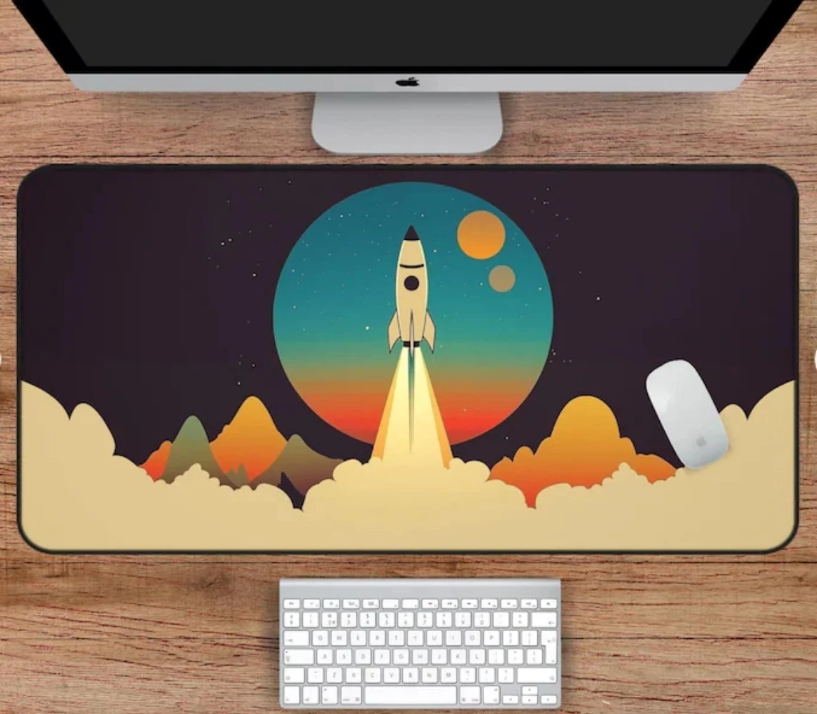 Space Rocket Launch Gaming Mouse Pad Large Desk Mat Vintage Planet Mountain Cloud Flat Anti-slip Rubber Stitched Edge Playmat
