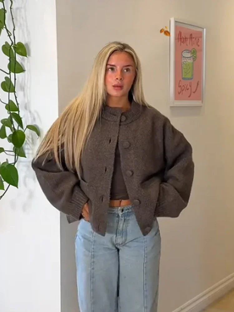 Pull à manches longues et col rond pour femme, manteaux Chic à simple boutonnage avec poches tricotées, couleur unie, automne hiver 2025