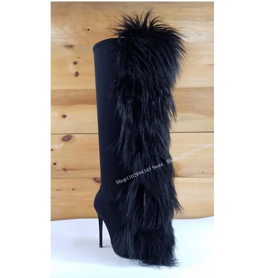 

Black Fur Decor Knee High Boots Thin High Heel Fashion Pointed Toe Sexy 2024 Winter Big Size Woman Shoes Zapatillas Mujer