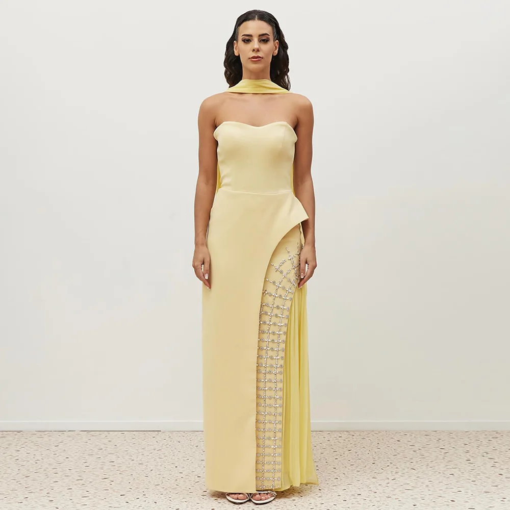 

Luxurious Women's Evening Dresses Customized Yellow Jersey and Chiffon Party Dress with Ribbons Elegant Strapless Prom Gowns