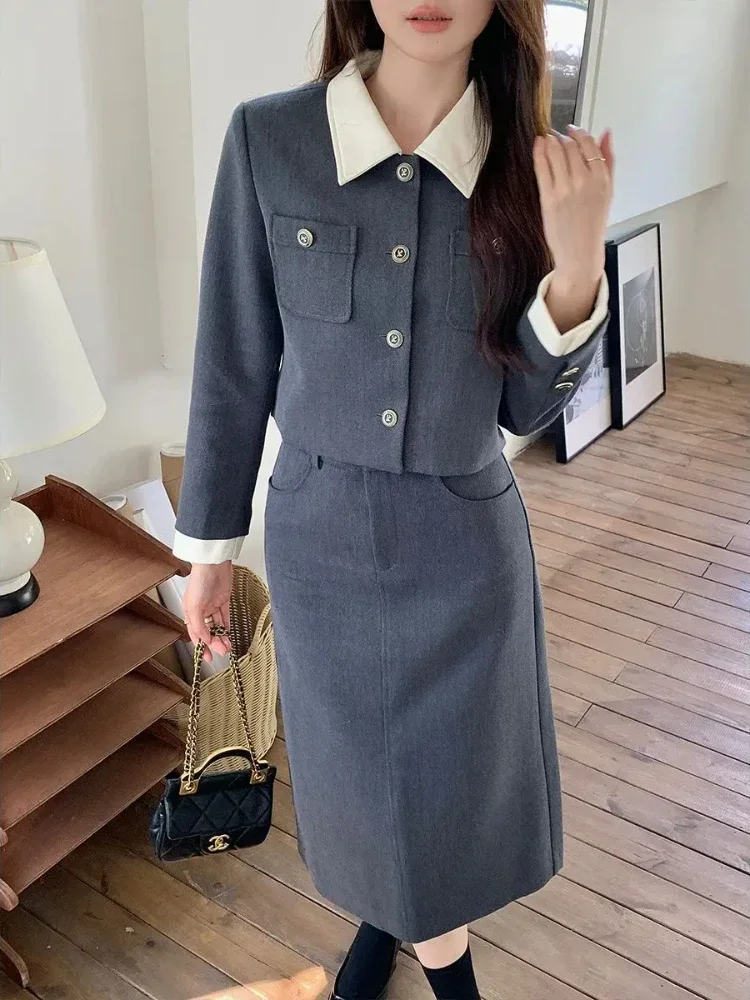 Insozkdg Autumn New Elegant Socialite High-Class Contrast Collar Jacket + High-Waisted Slimming Skirt Two-Piece Set High Quality